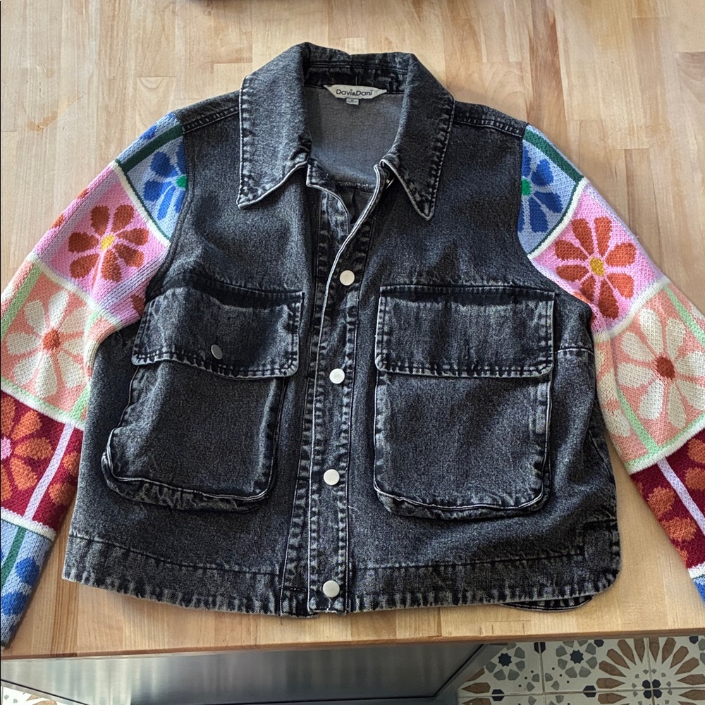 DAVI & DANI Black Washed Denim Jacket with Floral Knit Patchwork Sleeves